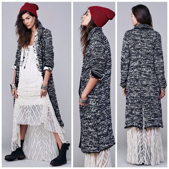 FREE PEOPLE "Last Dance" Duster / Cardigan Coat Black White Textured Knit SZ S - Picture 1 of 8